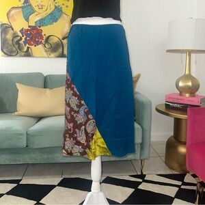 Vintage y2k Express Teal Paisley Silk Midi Skirt. Size Medium